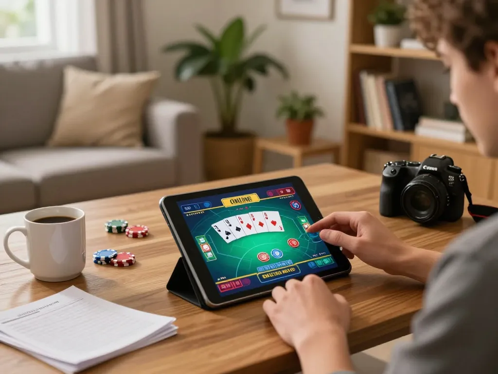 SHBET player engaged in online poker strategy at home gaming setup, showcasing colorful game interface and cozy environment.