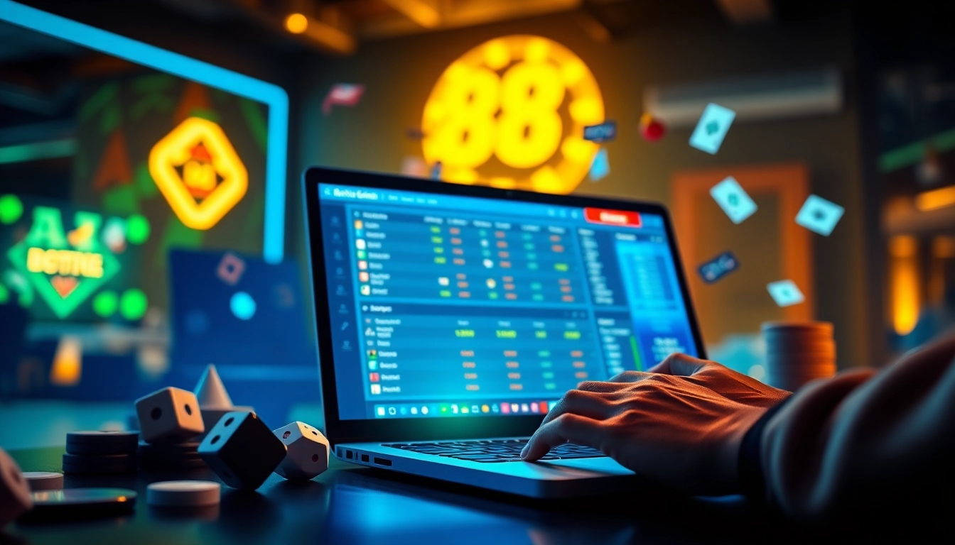 Engaging user interacting with the 89bet online betting platform on a laptop, surrounded by gaming elements.