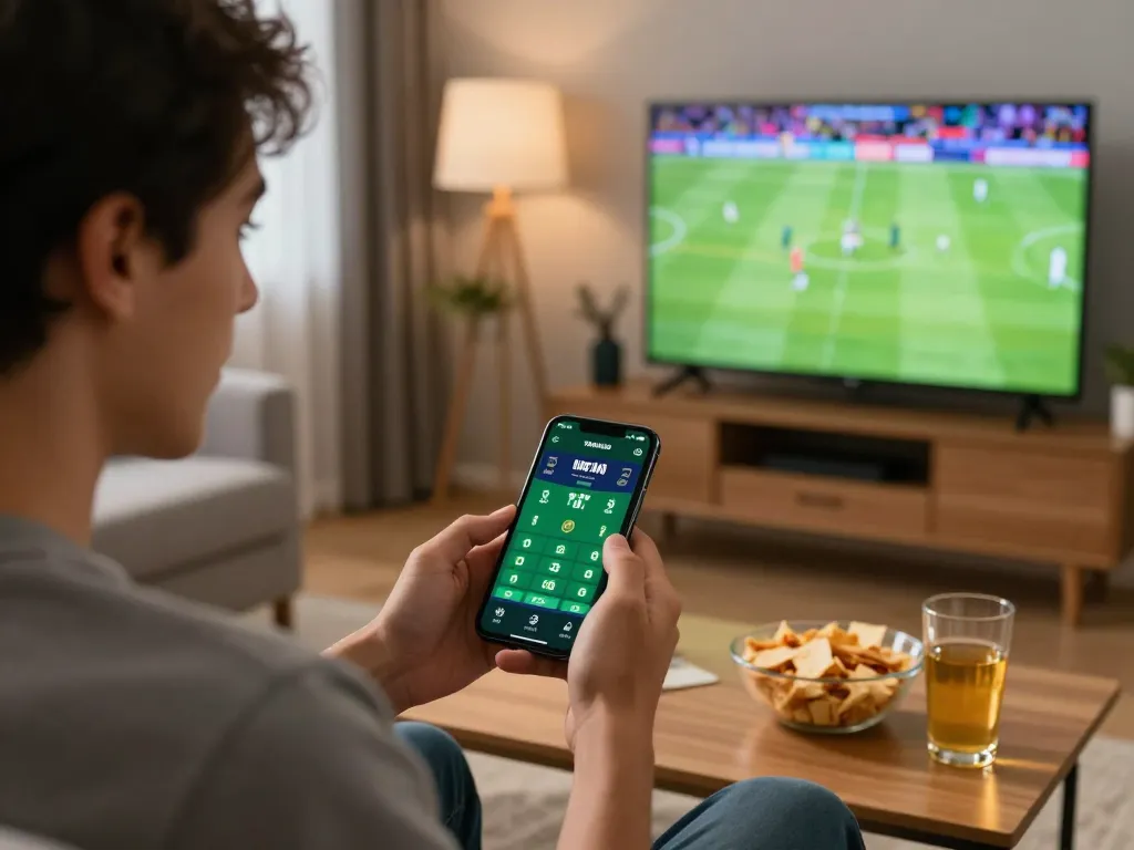 Engaged bettor using GG888 app for live sports betting during a match in a cozy living room.