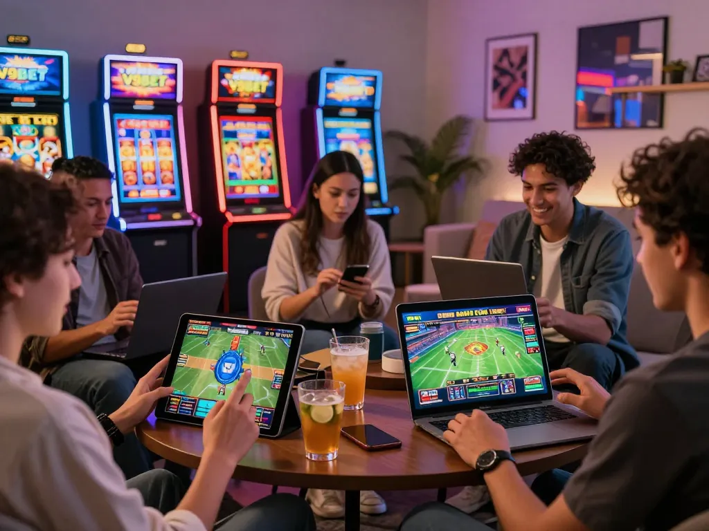 V9BET online gaming scene with friends enjoying diverse betting options in a lively atmosphere.