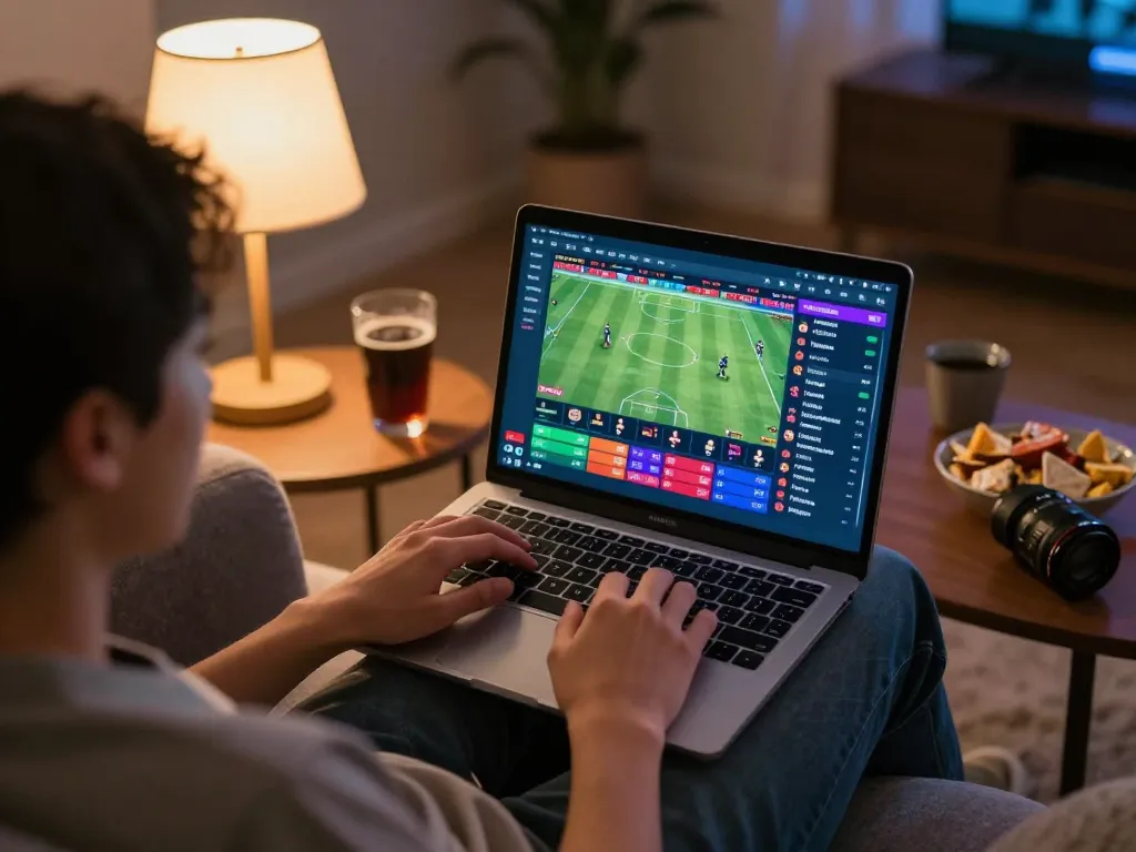 Engaging in online sports betting at home with CO88, vibrant interface showcasing live match odds and personalized strategy notes.