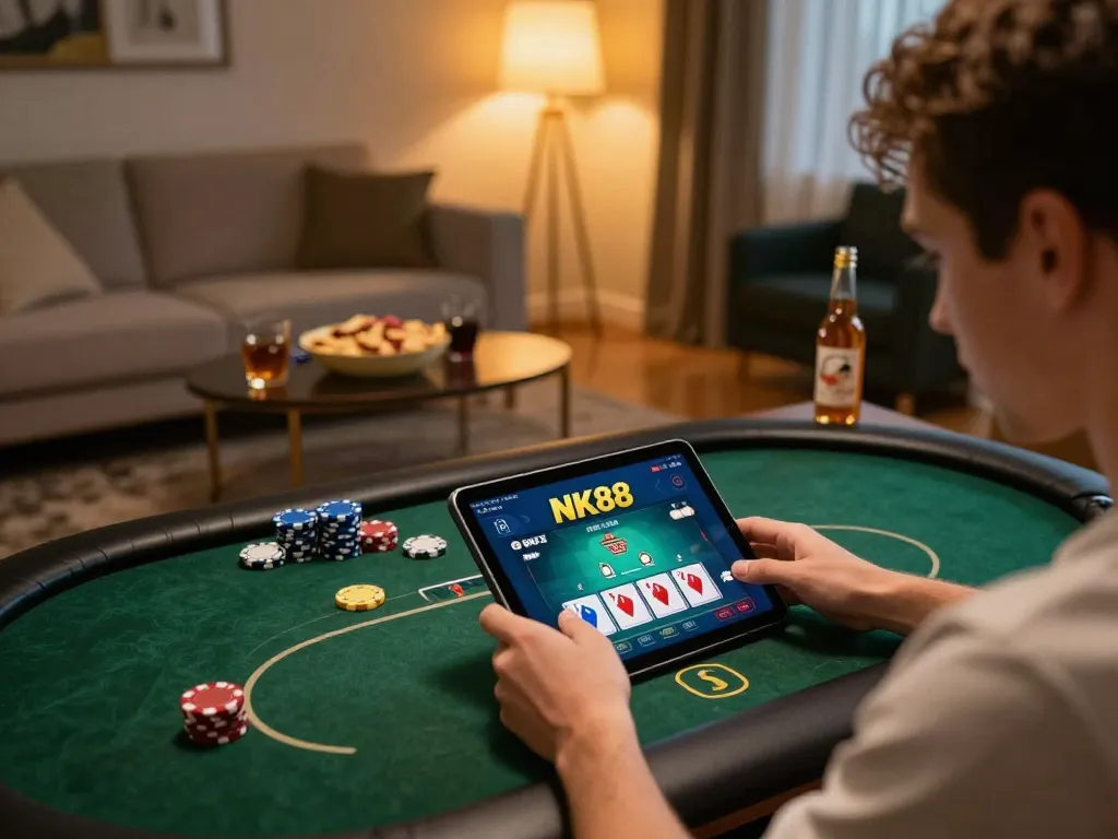 Engaging moment in NK88 online casino with player focusing on a poker game on tablet.