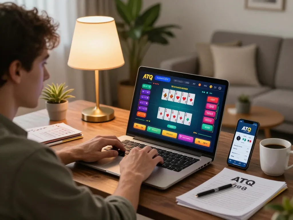 Player engaged in an online poker game on ATQ af88, showcasing a comfortable home gaming setup.