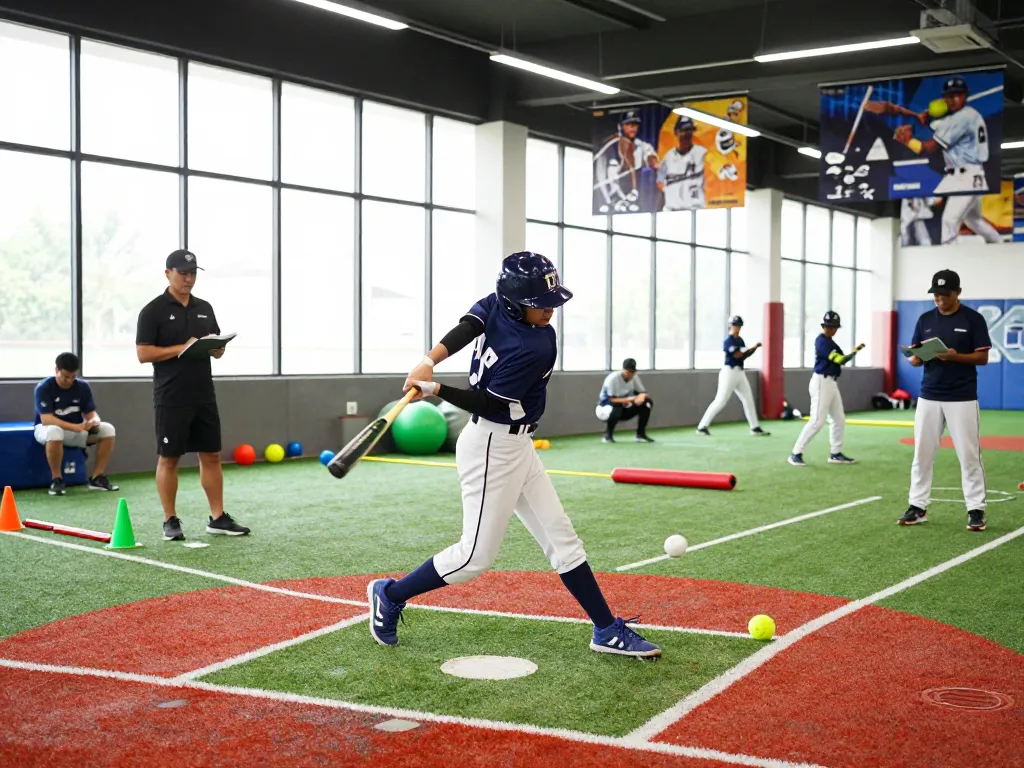 Hitclub training session with athlete swinging a bat in a bright indoor facility