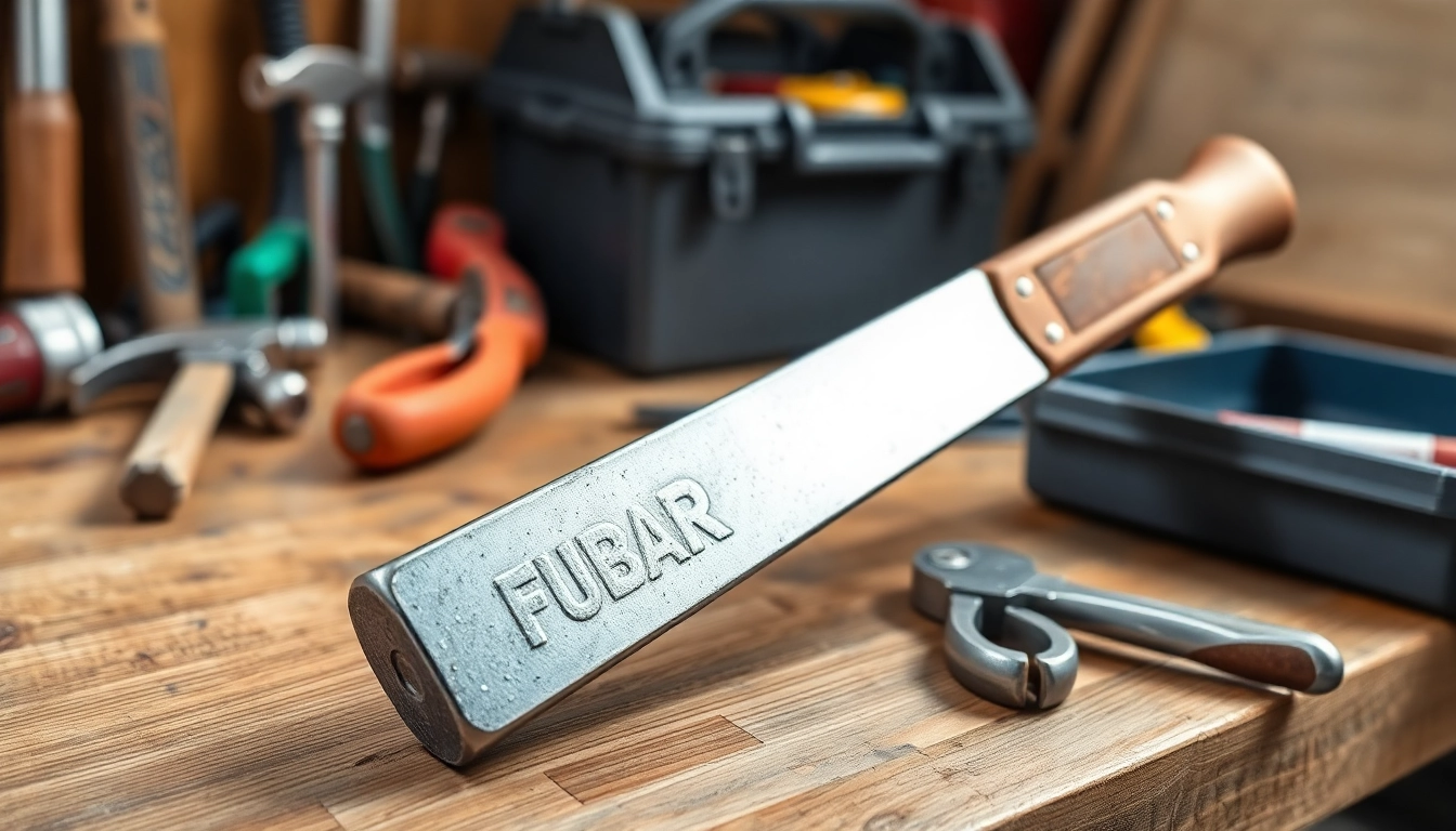 Close-up of a fubar wrecking bar on a workbench surrounded by tools, showcasing its durability and utility.