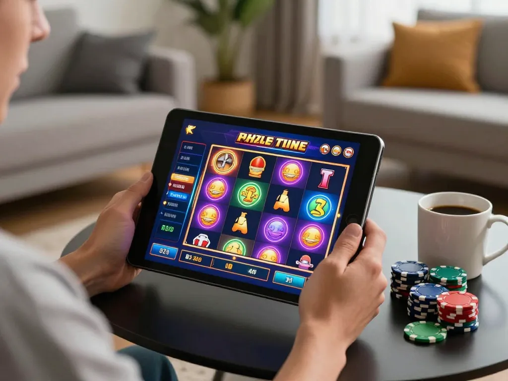 Engaging mobile gaming scene showcasing rr88c slot interface on tablet in a cozy home environment