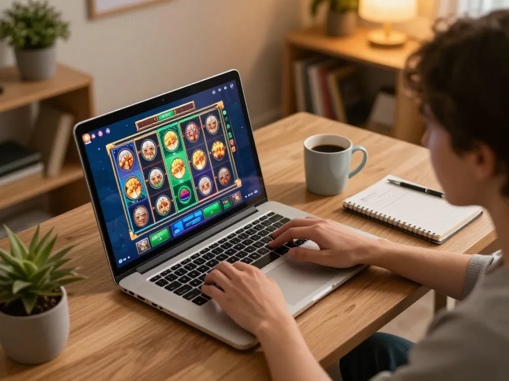Nk88 player spinning the reels in an engaging online slot game at home