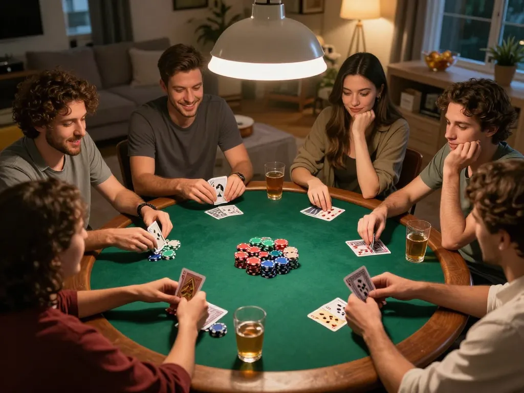 Engaging home poker night scene showcasing friends playing at https://hitclub.creditcard/ with chips and cards.