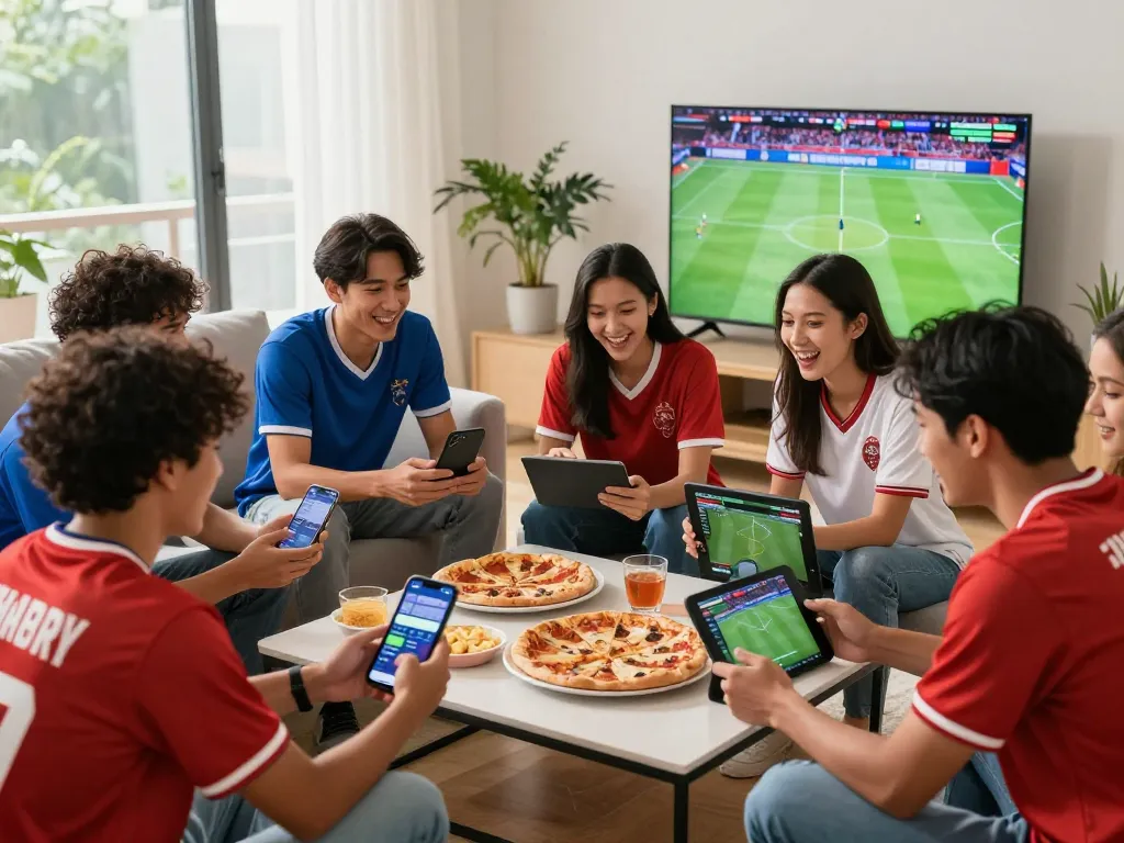 Engaging group analyzing tỷ lệ kèo nhà cái hôm nay while enjoying live sports event together.