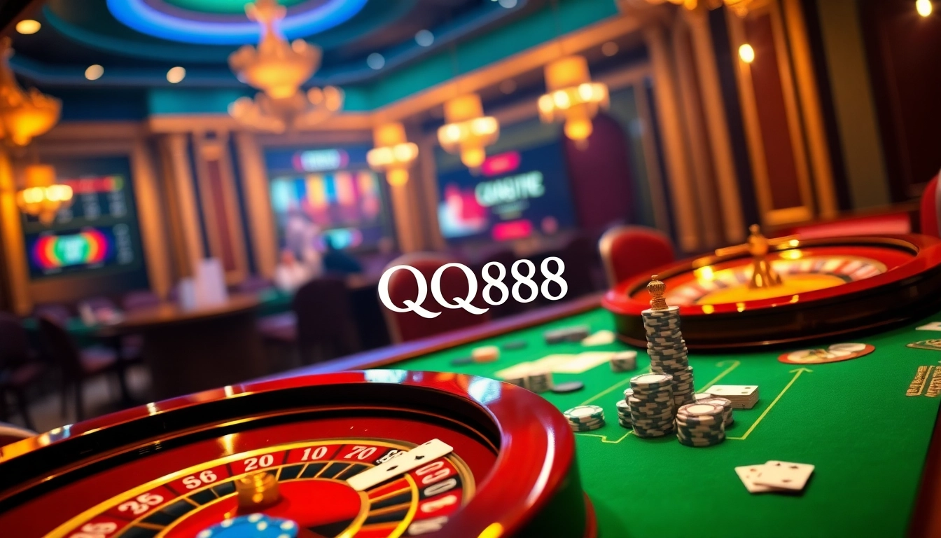 Experience the gaming thrill at Nhà Cái QQ88 with poker tables and vibrant casino elements.