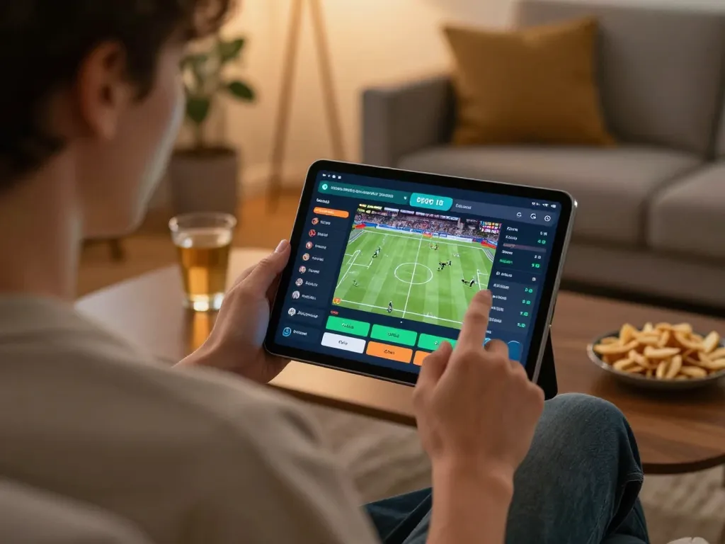 Person analyzing soi kèo odds on tablet during a sports betting session in their cozy living room.
