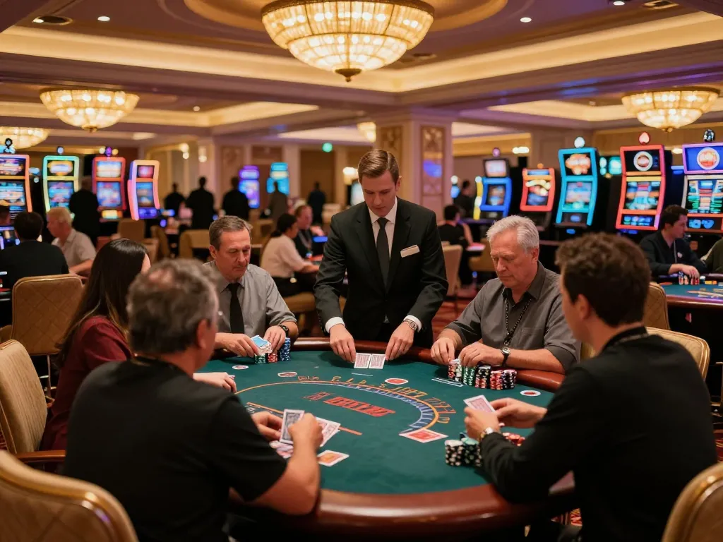 Crown88 blackjack game in action with players, professional dealer, and vibrant casino atmosphere
