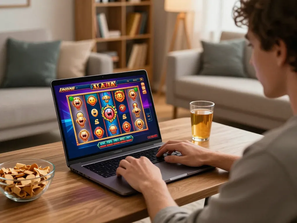Player enjoying raja slot on laptop at home with vibrant game interface and cozy surroundings.