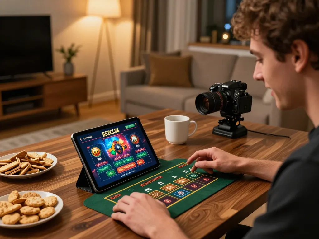 B52Club player focused on tablet during online gaming session in cozy home setup