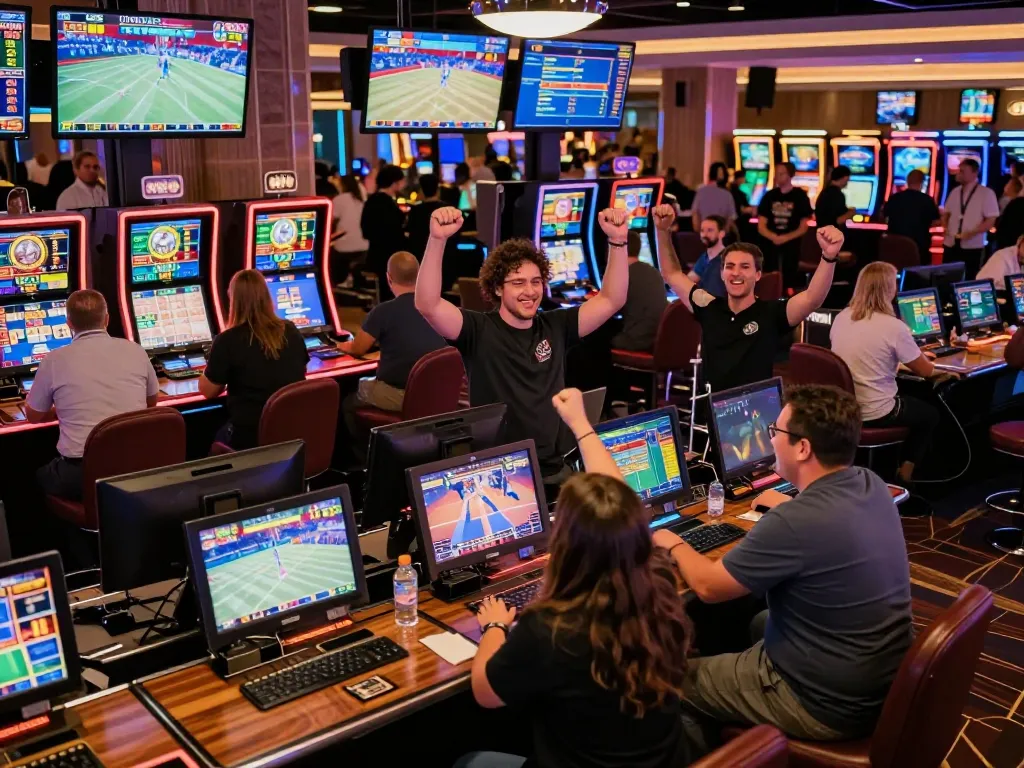 Exciting sports betting scene at Trang chủ QQ88 with bettors engaged and cheering, vibrant atmosphere and live game screens