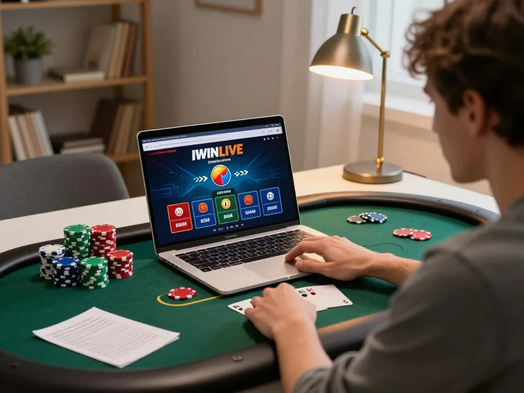 Player engaging with IWINLIVE online casino on laptop while strategizing with poker chips.