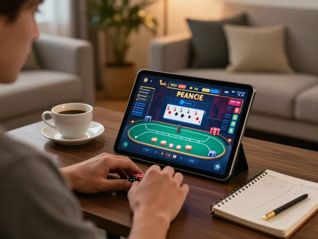 Player enjoying a poker game on max88tv in a cozy home environment with warm lighting