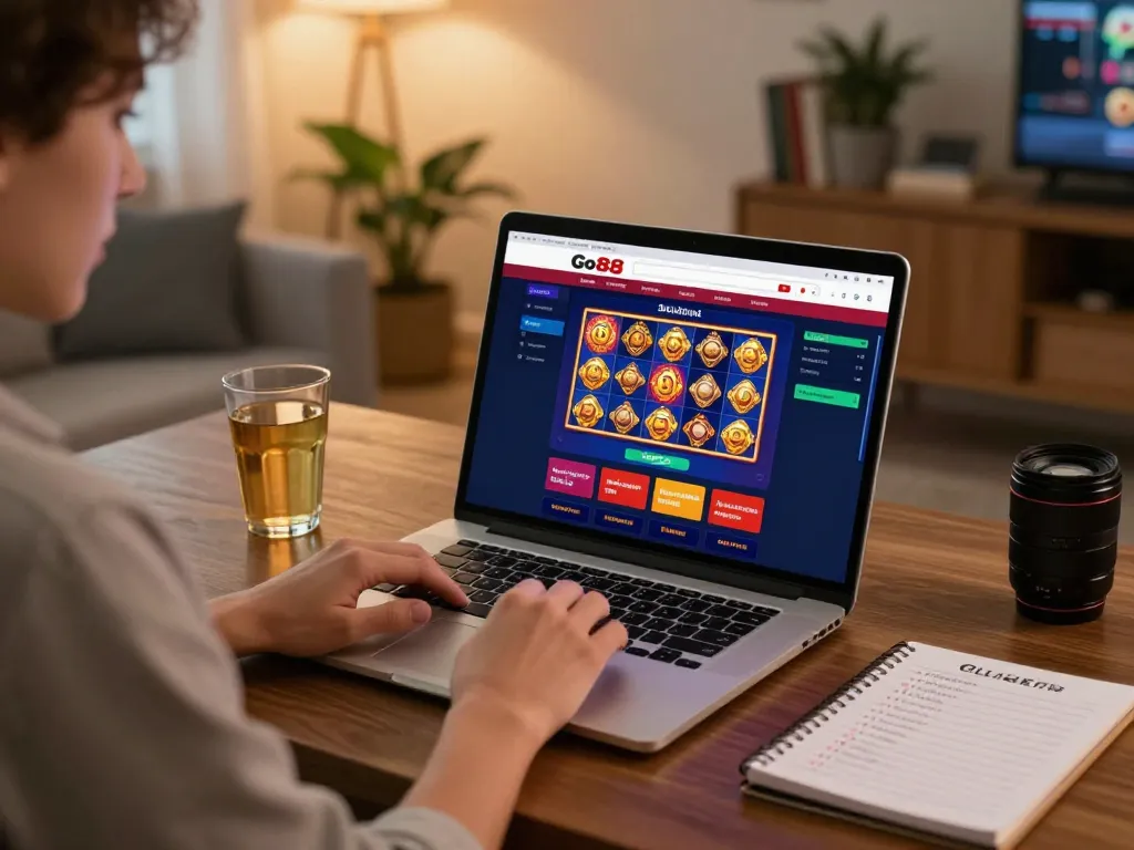 Engaging online gaming experience at Go88 with vibrant slot games on the screen and cozy atmosphere.