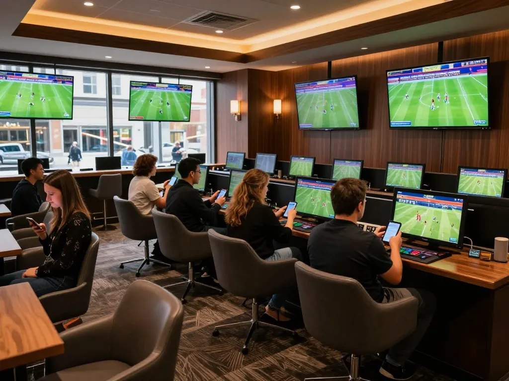 Bongdalu users engaging in live sports betting at a modern lounge with multiple screens