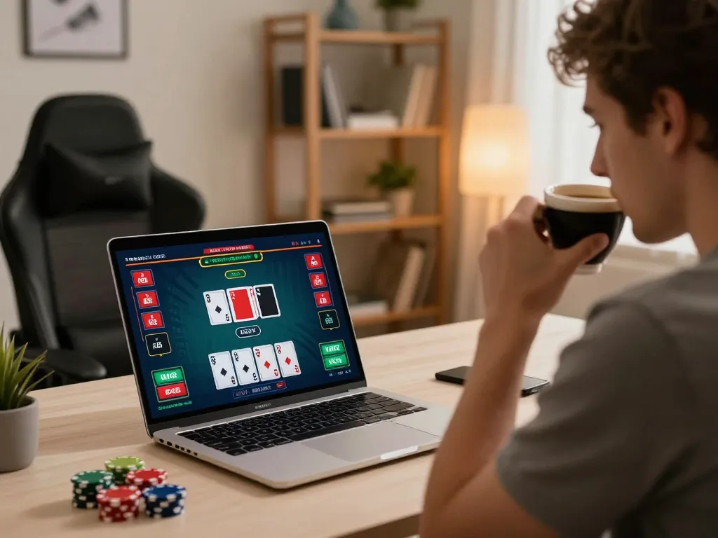 Engaged player exploring uu88 trang chủ poker strategies on laptop at home.