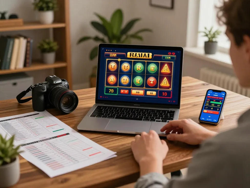 Pemain yang terlibat merencanakan strategi sambil bermain raja slot online di laptop dalam suasana rumah yang nyaman.