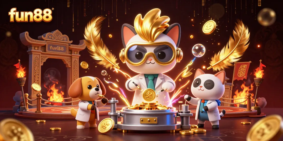 Fun88 online casino scene with animated characters, showcasing exceptional gambling excitement and golden rewards.