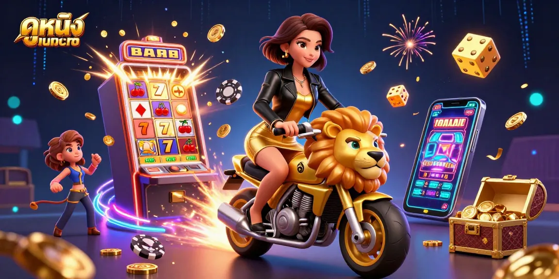 Watch ดูหนังออนไลน์ with vibrant 3D casino elements, including a glamorous woman riding a golden lion, enhancing the thrilling experience.