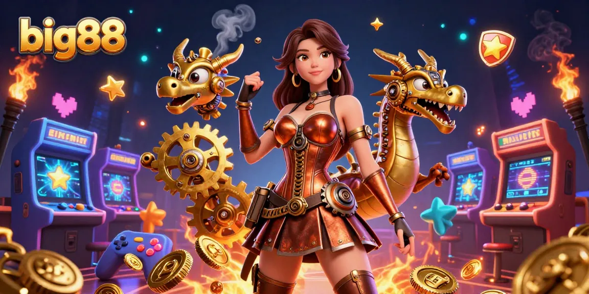 Engage with big88 as you spin colorful arcade-themed slots amid a whimsical casino setting.