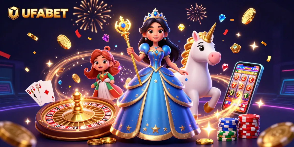 Spin and win at UFABET with 3D characters in a magical casino scene featuring dazzling gaming elements.