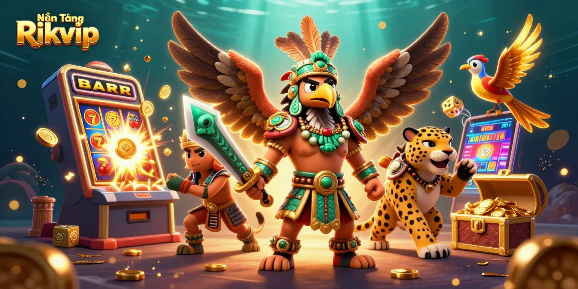 Engage with online slots and jackpots at Nền Tảng Rikvip amid an Aztec warrior scene.