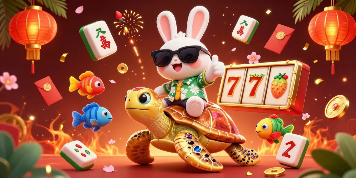 Experience vibrant action in สล็อต with a lucky rabbit and golden turtle in a dynamic casino scene.