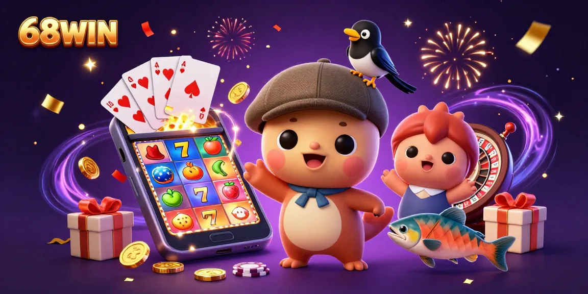 Engage with 68WIN's vibrant 3D casino scene featuring playful characters and exciting game elements.