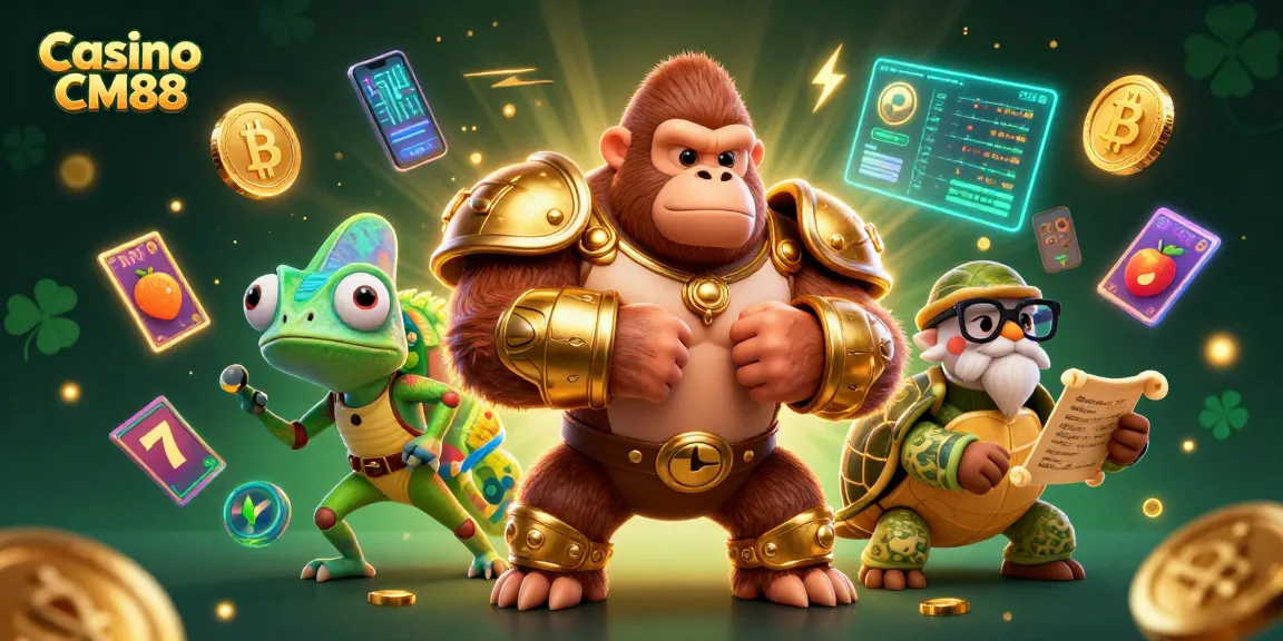 Engage in thrills at Casino CM88 featuring dynamic characters and glowing crypto elements.