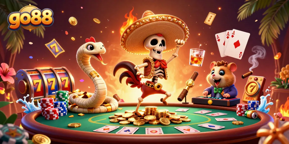 Experience excitement at go88 with festive characters dancing amid poker and slot symbols.