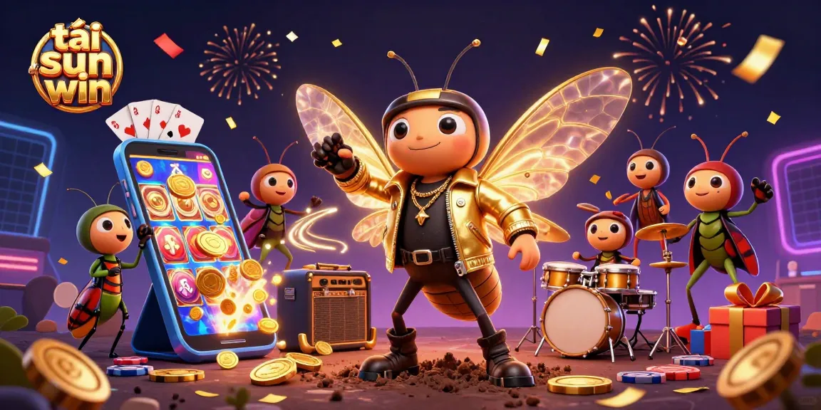 Experience excitement with tải sun win, vibrant 3D casino scene featuring a cicada rock star and gaming elements.