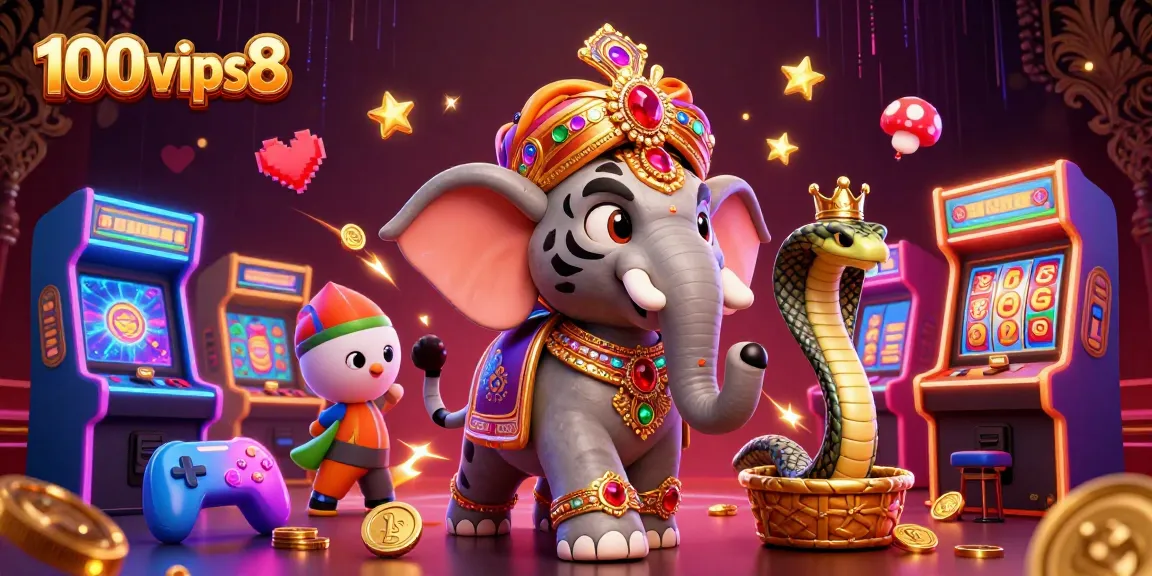 Play 100vips8's vibrant casino games with a maharaja, golden elephant, and cobra companions!