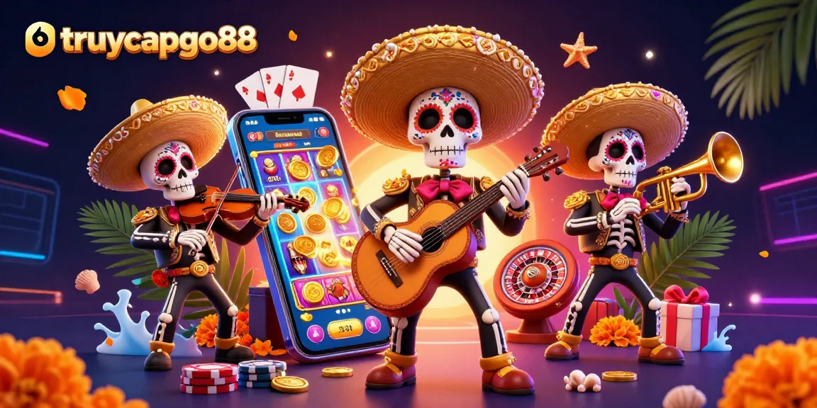 Engage with truycapgo88's vibrant 3D casino scene, showcasing festive mariachi characters and slot game excitement.