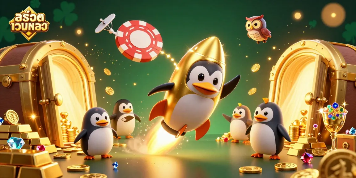 Experience the thrill of สล็อตเว็บตรง with a colorful 3D rocket-powered penguin exploring a casino in space.