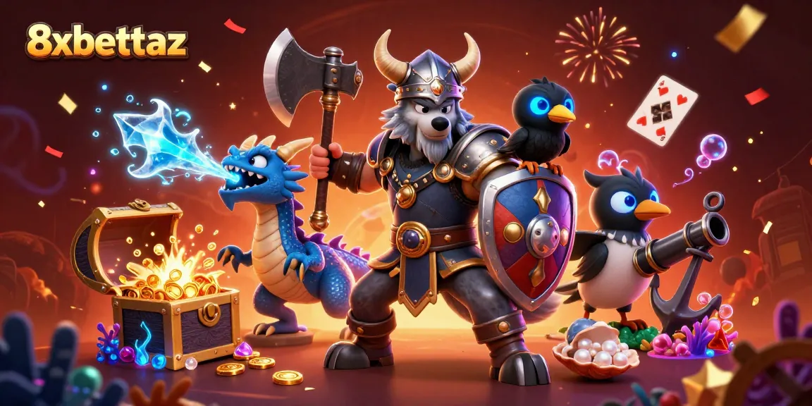 Engage in thrilling gaming action at 8xbettaz casino with vibrant characters and celebrations.
